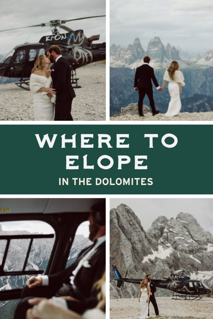 Couple embracing during a sunrise Dolomites elopement with dramatic mountain views in the Italian Alps.