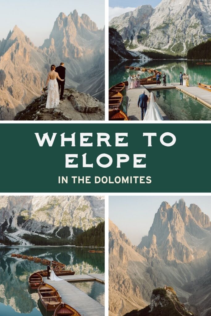 Couple embracing during a sunrise Dolomites elopement with dramatic mountain views in the Italian Alps.
